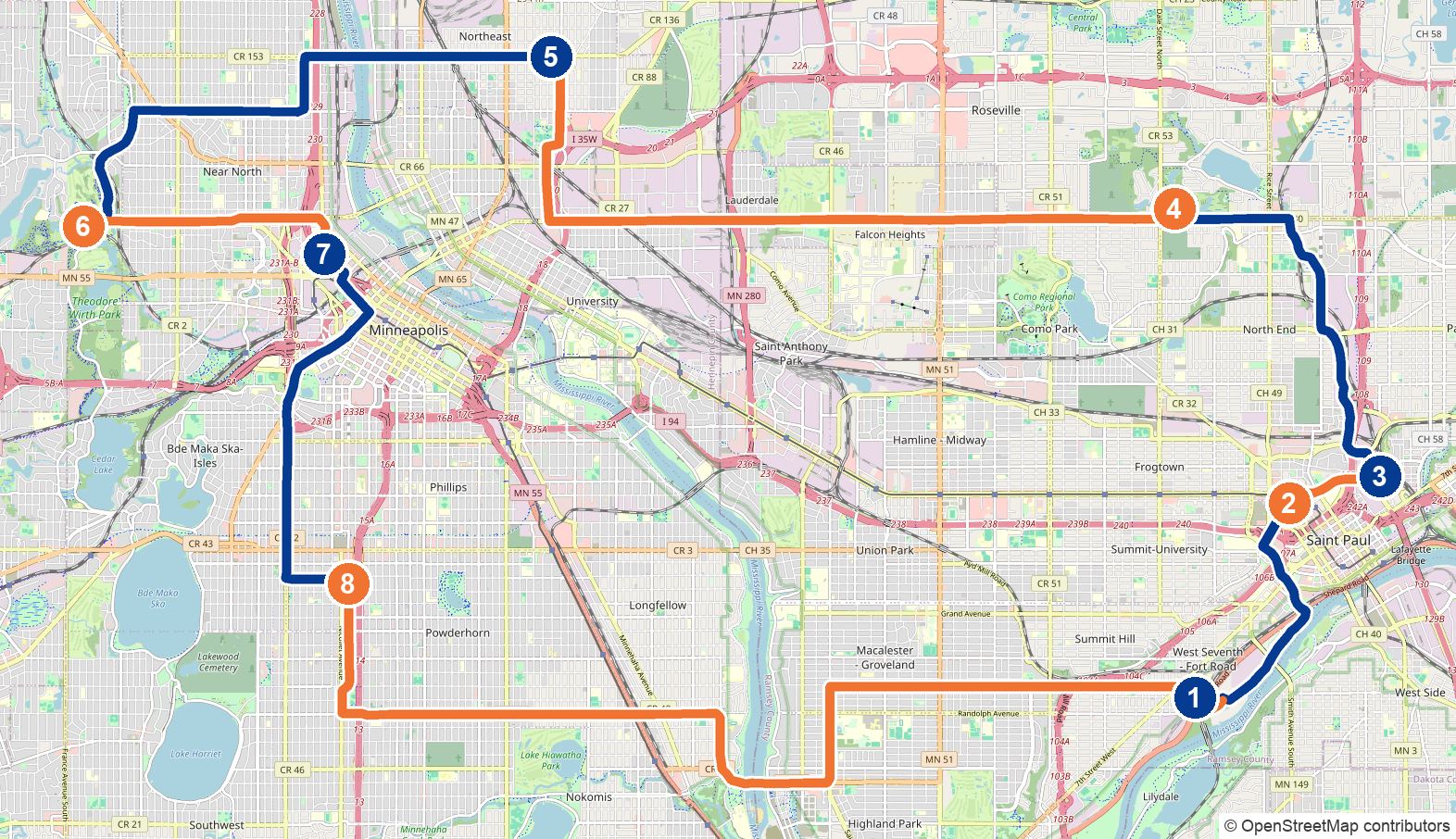 Map of the 39-mile relay loop through St. Paul, Roseville and Minneapolis, with the eight segment starts numbered